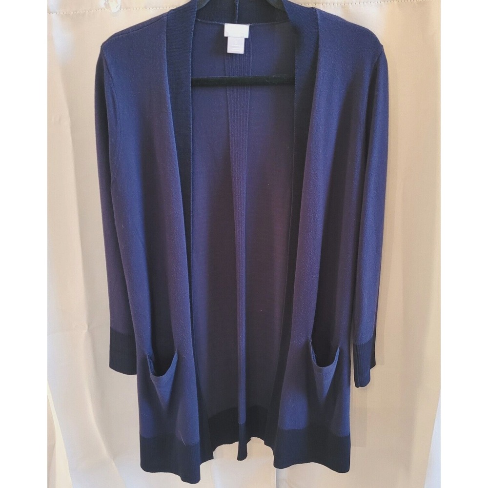 Chicos Women Cardigan Small Navy Blue Long Pockets Open Front Office Work 16094x